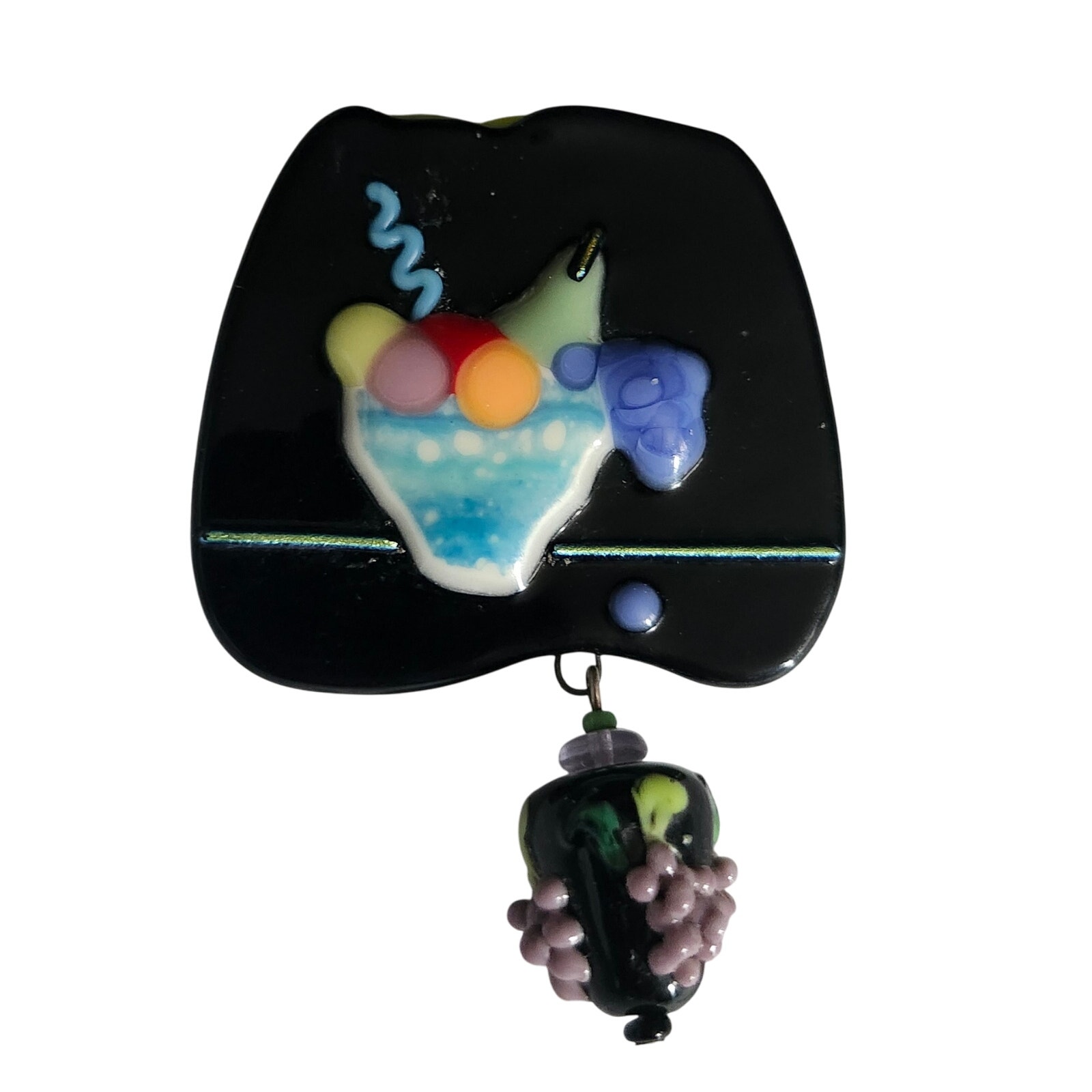 Vtg Artisan Fused Glass Fruit On Table Lampwork Dangle Pin Brooch